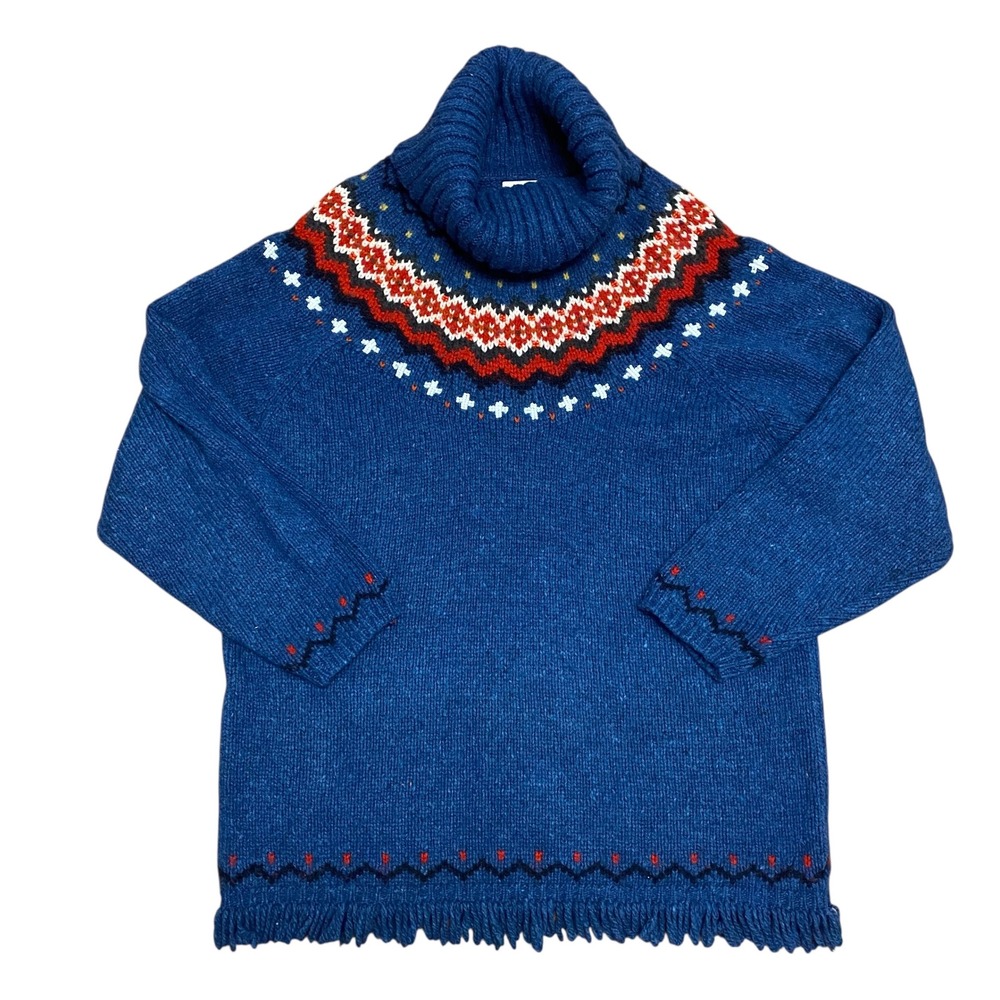 Northern Reflections Blue Wool Blend Fringe Fair Isle Turtleneck Sweater Sz L G